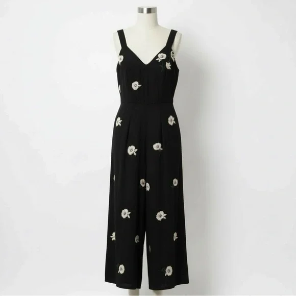 Wayward Fancies by eShakti Large Black Floral Embroidered Wide Leg Jumpsuit Boho - Picture 1 of 11